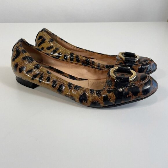 Casadei Womens Leopard Shoes Patent Leather Gold Tone Ring Brown 8 Animal Print - Picture 2 of 13